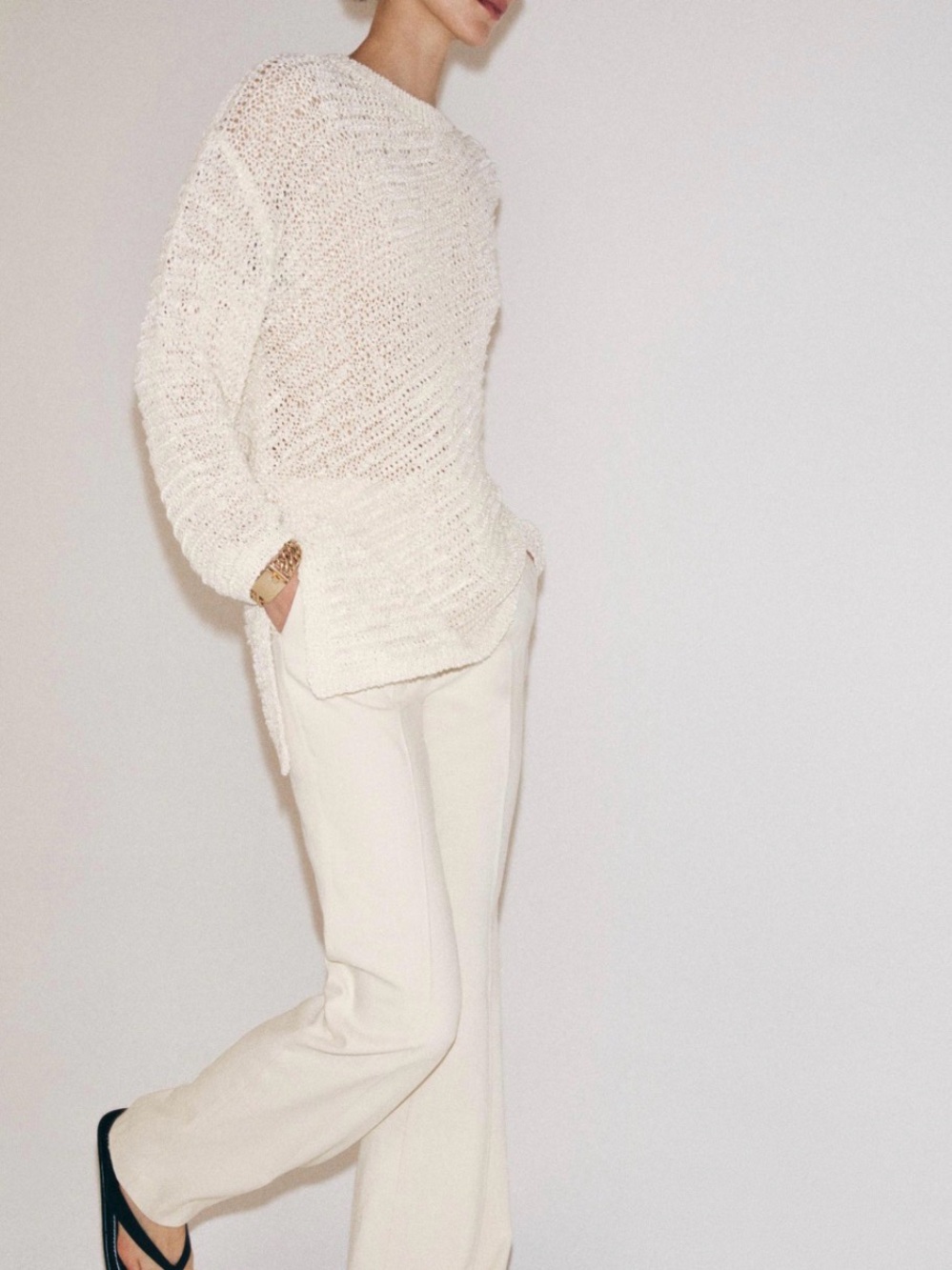 ZARA Cozy Open-Knit Crewneck Sweater in Cream SIZE SMALL